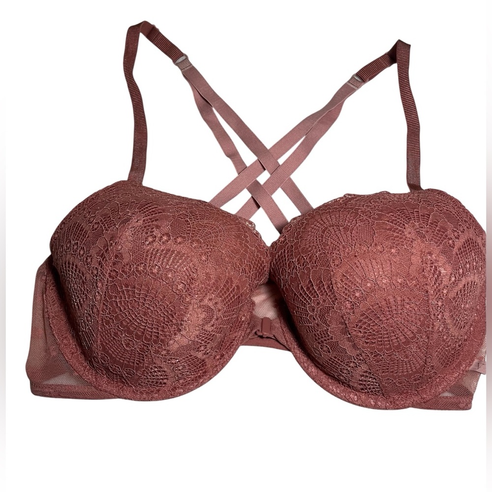 Victoria's Secret Lace Padded Push-Up Bra Cross‎ Back, front clasp Mauve Sz 34DD